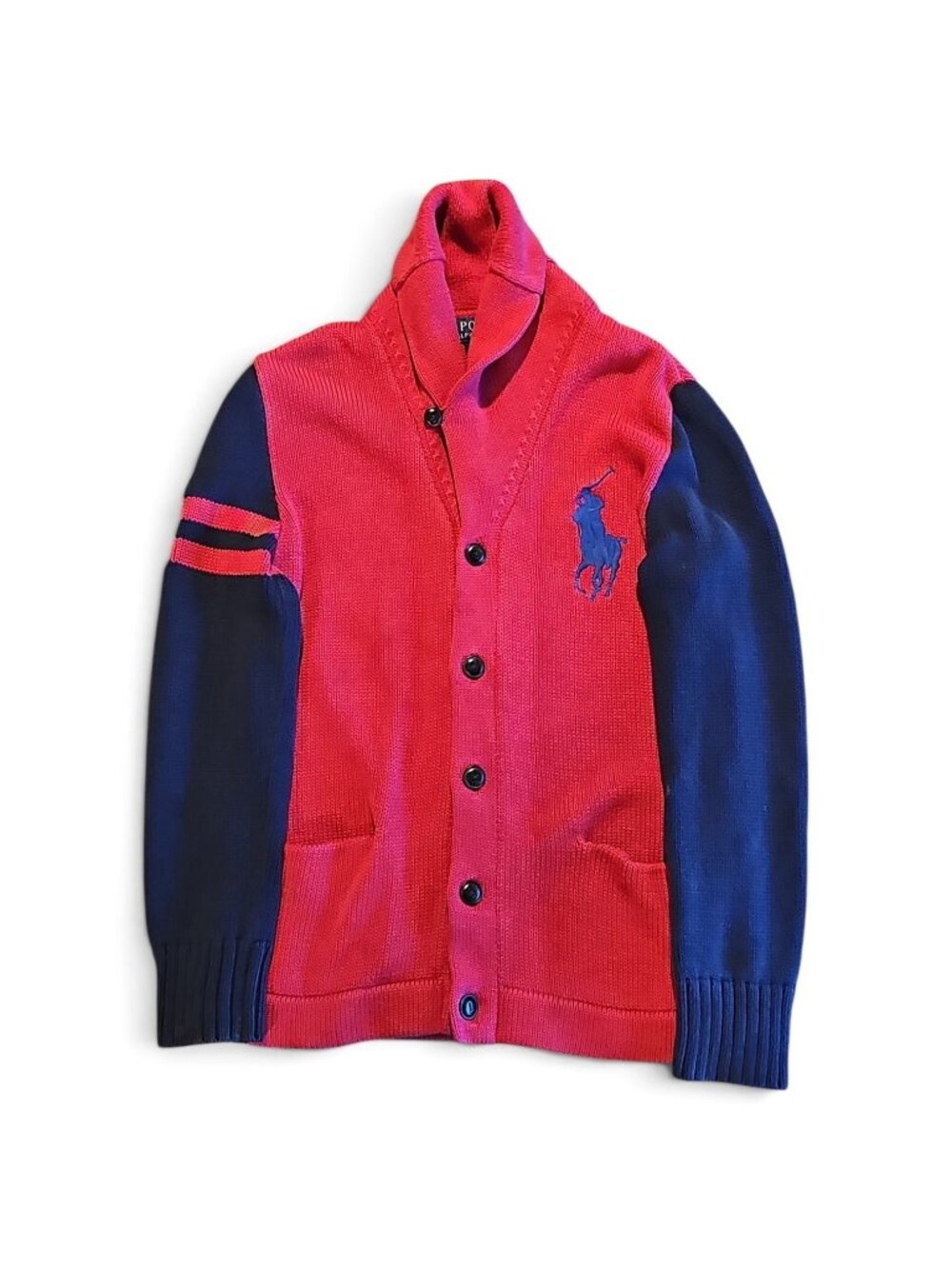 Polo Ralph Lauren Boys Big Pony #3 Cotton Cardigan Sweater Red Navy M 10-12